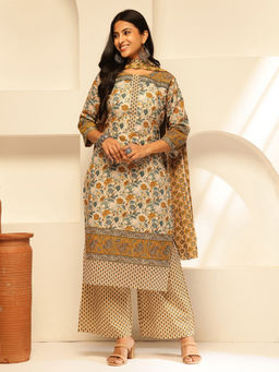 Vbuyz - Mustard Floral Printed Straight Cotton Kurta with Palazzo & Dupatta (Set of 3)