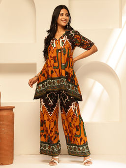 Vbuyz - Women Mustard Abstract Fit and Flare Rayon Co-Ord (Set of 2)