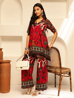 Vbuyz - Women Red Abstract Fit and Flare Rayon Co-Ord (Set of 2)