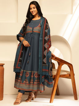 Vbuyz - Blue Geometric Printed Anarkali Cotton Kurta with Pant & Dupatta (Set of 3)