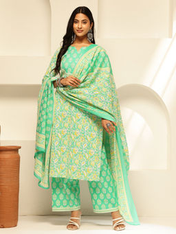 Vbuyz - Mint Green Floral Printed Straight Cotton Kurta and Pant with Dupatta (Set of 3)
