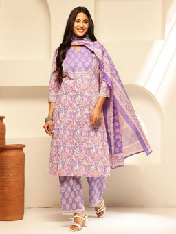 Vbuyz - Lavender Floral Printed Straight Cotton Kurta and Pant with Dupatta (Set of 3)