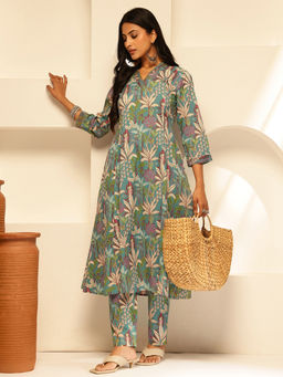 Vbuyz - Women Sky Blue Floral Printed A-Line Cotton Kurta with Pant (Set of 2)