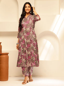 Vbuyz - Women Purple Floral Printed A-Line Cotton Kurta with Pant (Set of 2)