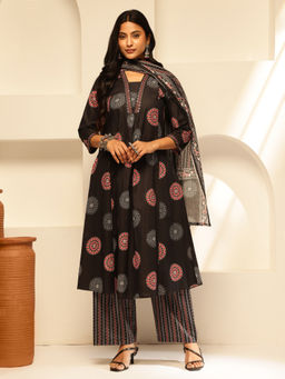 Vbuyz - Black Geometric Printed A-Line Cotton Kurta with Palazzo & Dupatta (Set of 3)