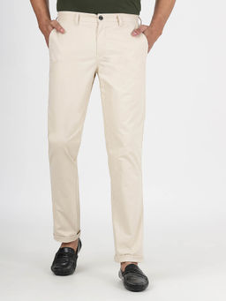 JadeBlue - Men Cotton Solid Beige Slim Fit Casual Trouser