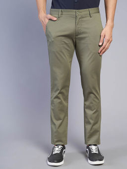 Greenfibre - Men Cotton Solid Olive Super Slim Fit Casual Trouser
