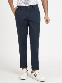 JadeBlue - Men Cotton Solid Navy Blue Slim Fit Casual Trouser