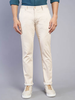 Greenfibre - Men Cotton Solid Beige Super Slim Fit Casual Trouser