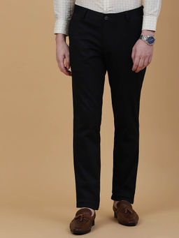 JB Studio - Men Cotton Solid Navy Blue Slim Fit Casual Trouser