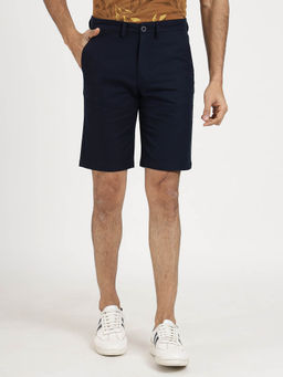 JadeBlue - Men Cotton Solid Navy Blue Slim Fit Shorts