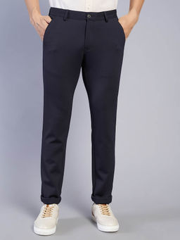 JadeBlue - Men Cotton Solid Navy Blue Regular Fit Casual Trouser