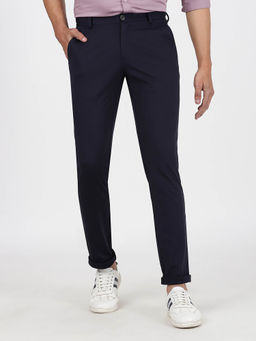 JadeBlue - Men Cotton Solid Navy Blue Regular Fit Casual Trouser