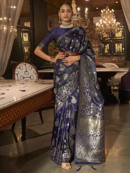 Akhilam - Womens Silk Blend Navy Blue Woven Designer Saree with Unstitched Blouse