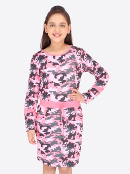 Cutecumber - Girls Cotton Knit Printed Pink Shift Dress