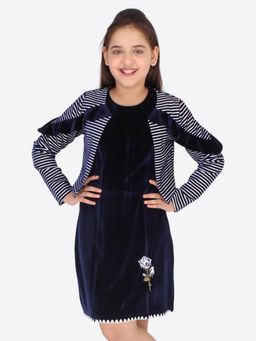 Cutecumber - Girls Velvet Solid Navy Blue Dress with Velvet Striped Short Jacket
