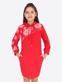 Cutecumber - Girls Cotton Knit Floral Printed Red Hoodie Dress