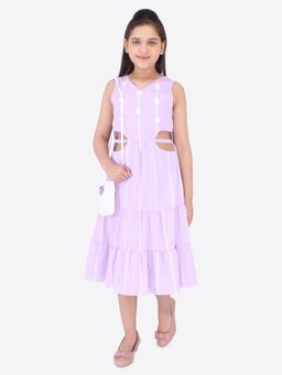 Cutecumber - Girls Georgette Striped Fit and Flare Lilac Dress with Sling Bag - Pink