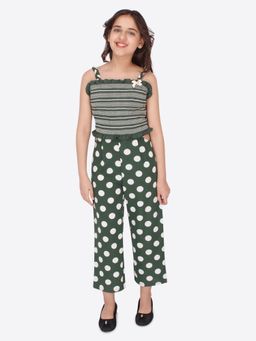 Cutecumber - Girls Georgette Polka Dotted Green Jumpsuit