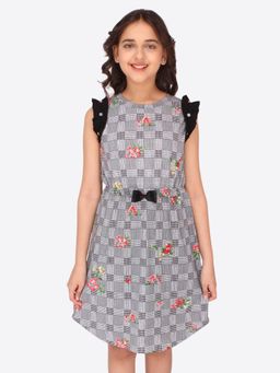 Cutecumber - Girls Cotton Knit Stretch Floral Checkered Dress with Bow - Black