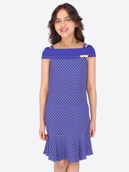 Cutecumber - Girls Georgette Polka Dotted Blue Shift Dress