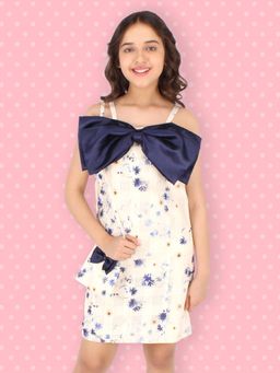 Cutecumber - Girls Organza and Satin Floral Cream Shift Dress with Sling Bag