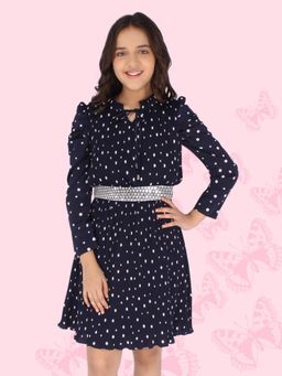 Cutecumber - Girls Navy Blue Polka Dots Printed Tie-Up Neck Georgette Dress