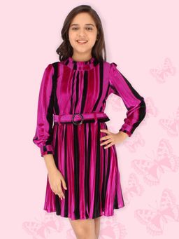 Cutecumber - Girls Chenille Winter Striped Printed Pink Dress with Belt