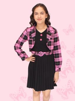 Cutecumber - Girls Check and Georgette Pleated Dress with Jacket and Belt