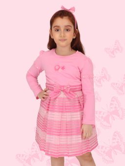 Cutecumber - Girls Striped Long Sleeves Net Fit and Flare Dress - Pink
