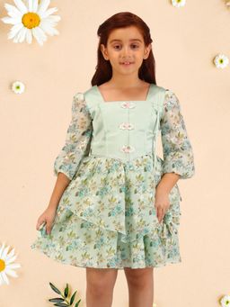 Cutecumber - Girls Green Printed Organza Flared Dress with Matching Bag