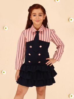 Cutecumber - Girls Shirt Collar Cuffed Sleeves Striped Applique Fit and Flare Dress