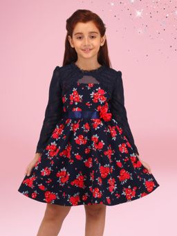 Cutecumber - Girls Navy Blue Floral Georgette Fit and Flare Dress