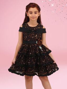 Cutecumber - Girls Casual Brown Animal Print Fit and Flared Cold Shoulder Dress