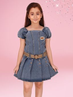 Cutecumber - Girls Blue Denim Knee-Length Dress with Belt