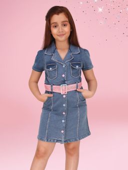 Cutecumber - Girls Blue Denim Knee-Length Dress with Belt