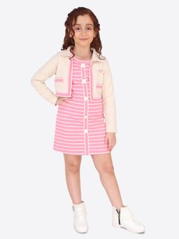 Cutecumber - Girls Pink Striped Knit Waffle Fabric Dress with Matching Shrug