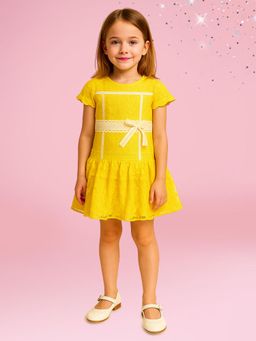 Cutecumber - Girls Yellow Fit and Flare Lace Party Dress Elegant with Bow Belt