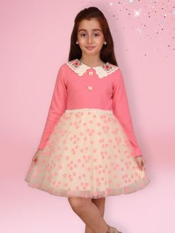 Cutecumber - Girls Coral Pink Top Cream Floral Tulle Knee Length Dress