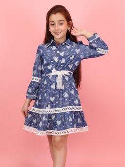Cutecumber - Girls Blue Denim Dress Printed Shirt Collar Dress with Belt