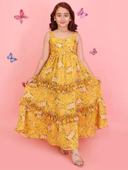 Cutecumber - Girls Yellow Floral Georgette Dress