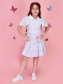 Cutecumber - Girls Blue Fit and Flare Floral Embellished Dress