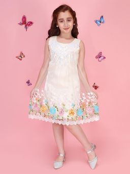 Cutecumber - Girls Beige Floral Embroidered Printed Net A-Line Dress
