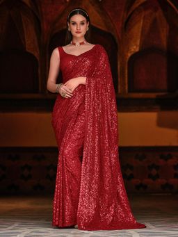 Odette - Beautiful Red Georgette Embellished Saree With Unstitched Blouse