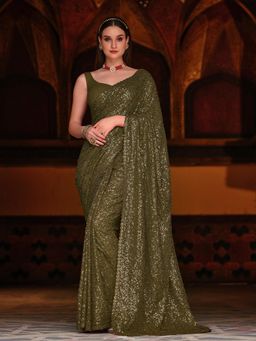 Odette - Stylish Olive Georgette Embellished Saree With Unstitched Blouse