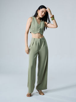 Twenty Dresses by Nykaa Fashion - Olive Green Solid Sleeveless Vest Top Straight Pants Co Ord Set