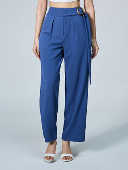 Twenty Dresses by Nykaa Fashion - Blue Solid Side Buckle High Waist Pants with Belt