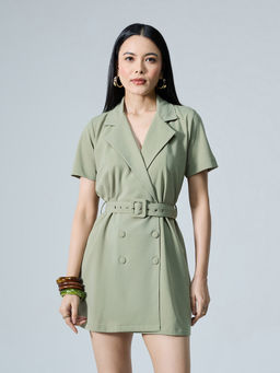 Twenty Dresses by Nykaa Fashion - Olive Green Lapel Collar Half Sleeves Mini Dress with Belt