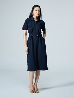 Twenty Dresses by Nykaa Fashion - Navy Blue Half Sleeves Collared Midi Dress with Belt