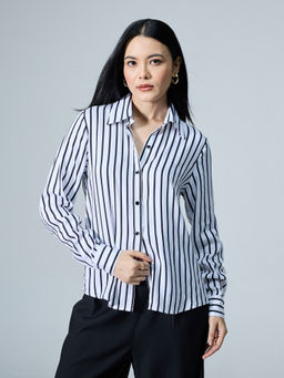 Twenty Dresses by Nykaa Fashion - Black and White Striped Collar Neck Full Sleeves Shirt